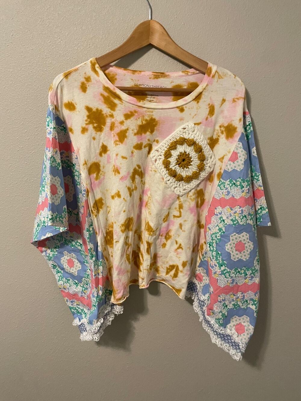 Grayson Threads Top Womens Small Multicolor Crochet Kimono Sleeve Patch Boho
